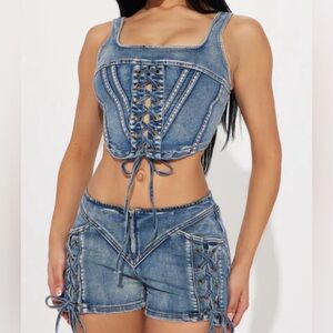 Denim lace up corset top Size M NWT